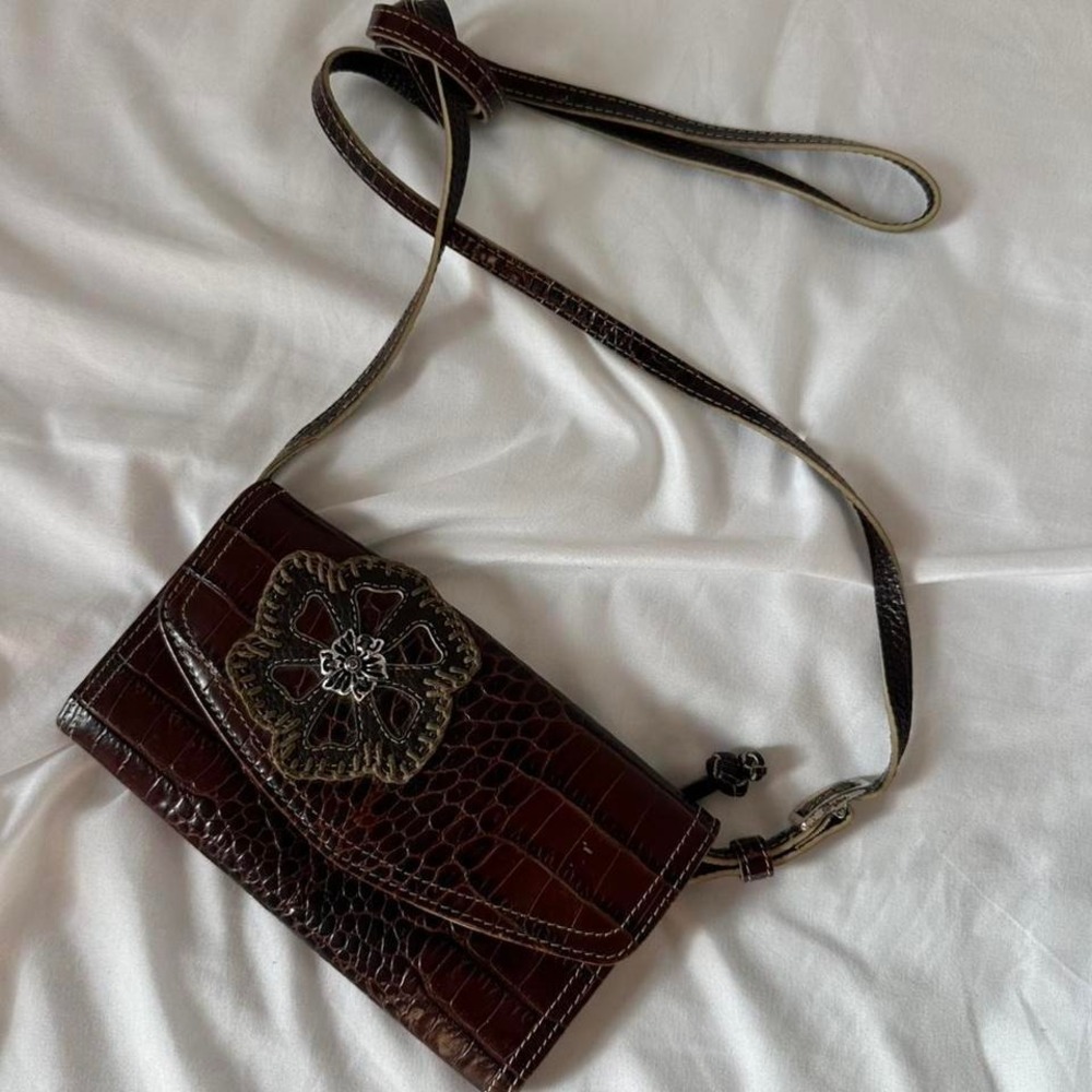 Brighton Vintage Boho‎ Western Leather Crossbody Mini Wallet Bag with Flower